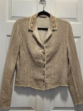 Elie Tahari Beige Tweed Frayed-Edge Jacket